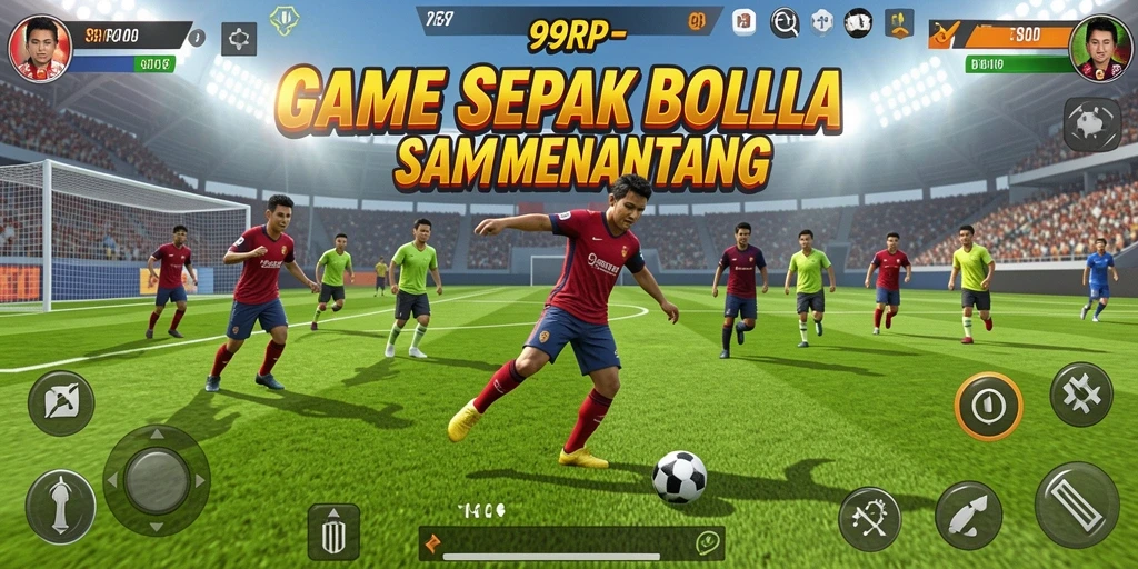 Screenshot utama 99RP menampilkan aksi mendebarkan dalam gameplay sepak bola.