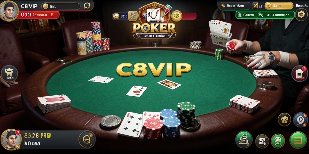 Screenshot gameplay C8VIP menampilkan aksi poker yang mendebarkan.