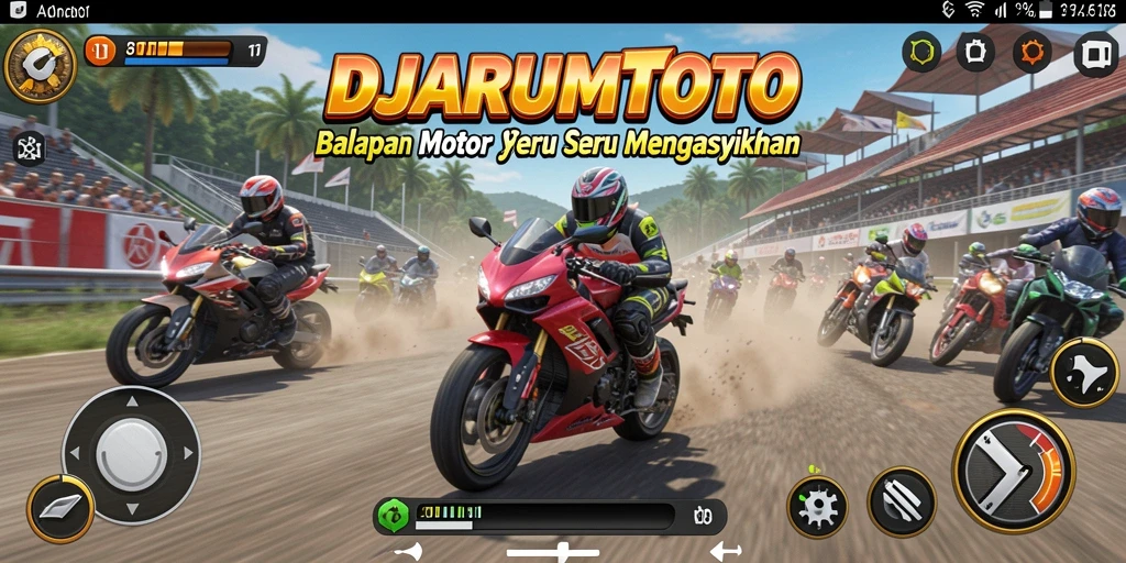 Screenshot utama DJARUMTOTO menunjukkan aksi balapan motor yang cepat dan mendebarkan.
