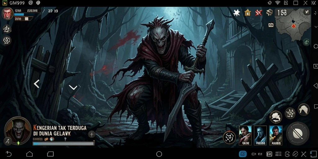 Screenshot gameplay GIM999 menampilkan suasana horor yang mencekam.
