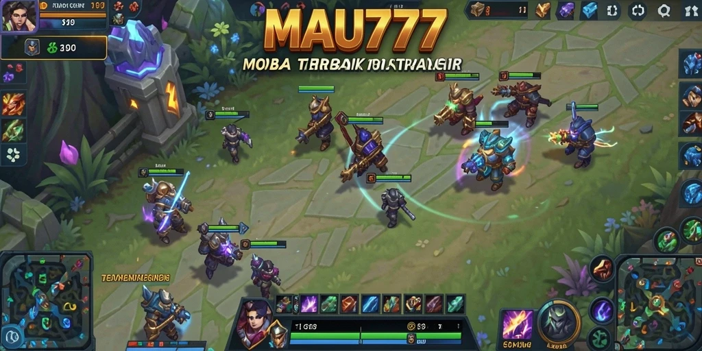 Tampilan gameplay seru dari MAU777 yang menampilkan pertarungan MOBA yang intens.