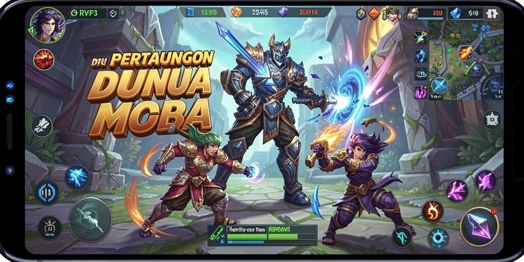 Screenshot gameplay RVIP3 yang menampilkan aksi seru pertarungan MOBA.