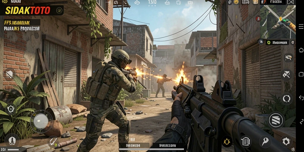 Tangkapan layar gameplay SIDAKTOTO menampilkan aksi tembak-menembak yang intens.
