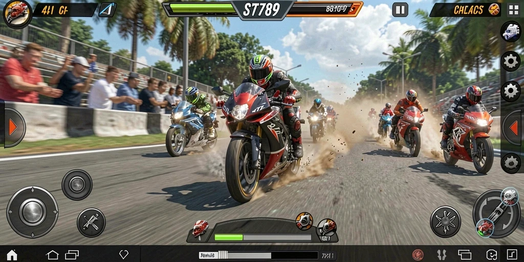 Gameplay ST789 yang mendebarkan dengan balapan motor cepat.