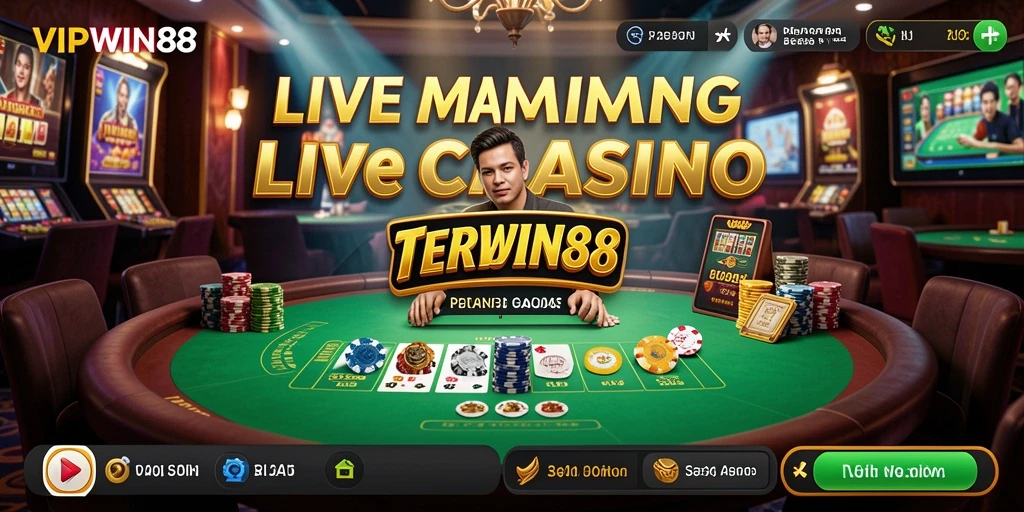 Screenshot utama menampilkan dealer dan permainan Live Casino yang mendebarkan.