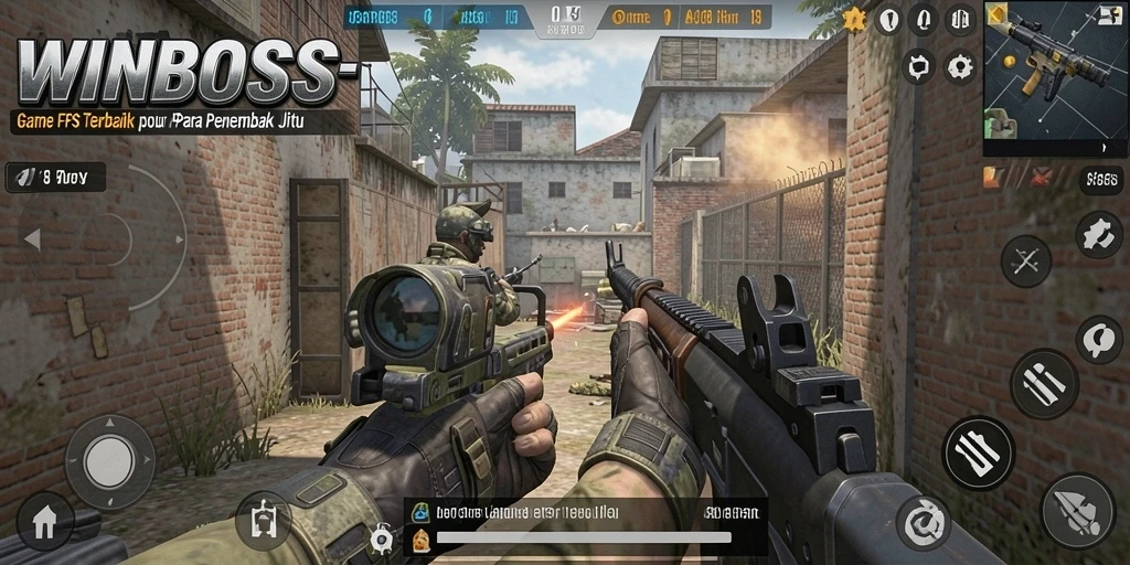 Screenshot gameplay WINBOSS dengan aksi tembak-menembak yang intens.